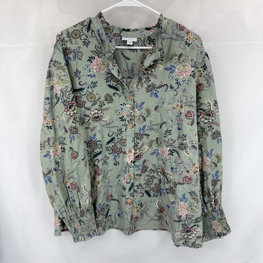 J Jill Women 2X Ruffled Neck Blouse Mint Green Floral Button Shirt Long Sleeve